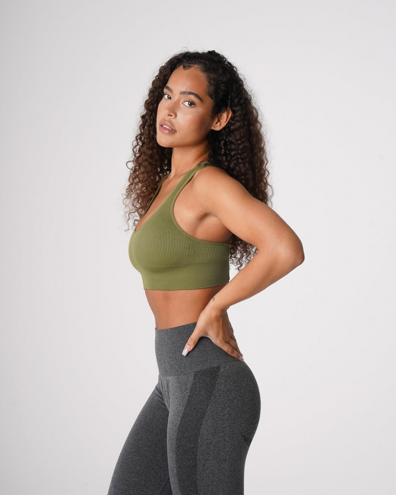 Women's NVGTN Galaxy Ribbed Seamless Sports Bras Khaki Green | NOEJ-46053