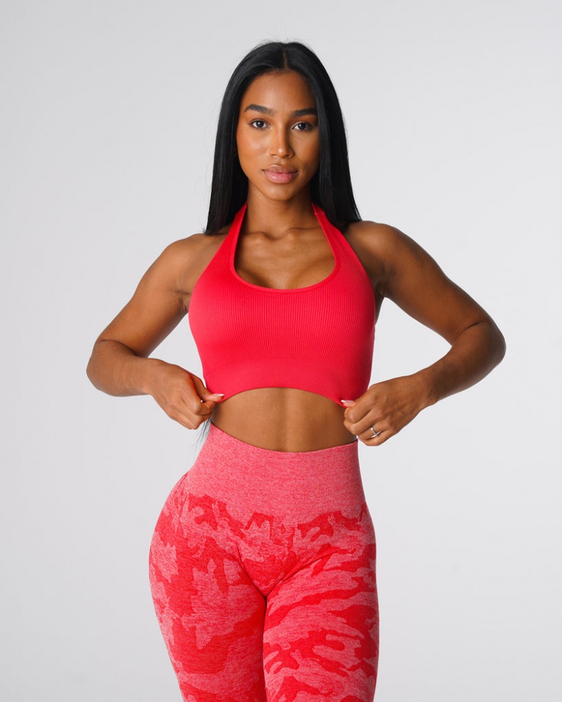 Women's NVGTN Limitless Ribbed Seamless Halter Sports Bras Red | APQX-06348