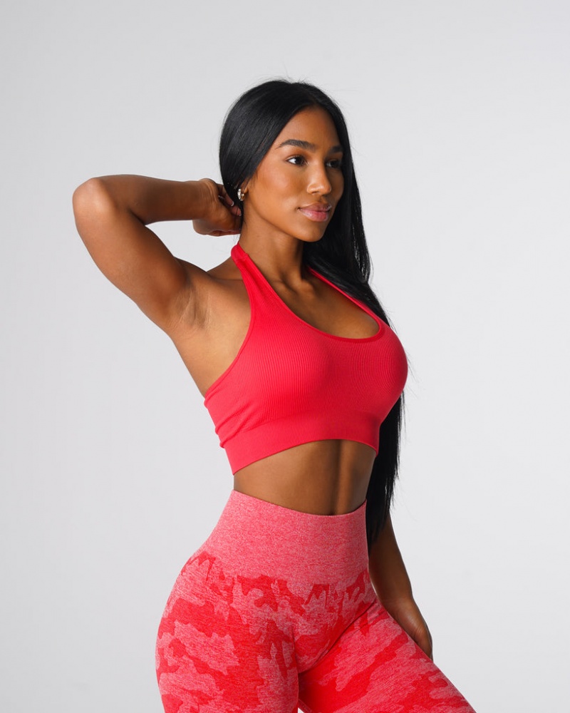 Women's NVGTN Limitless Ribbed Seamless Halter Sports Bras Red | APQX-06348