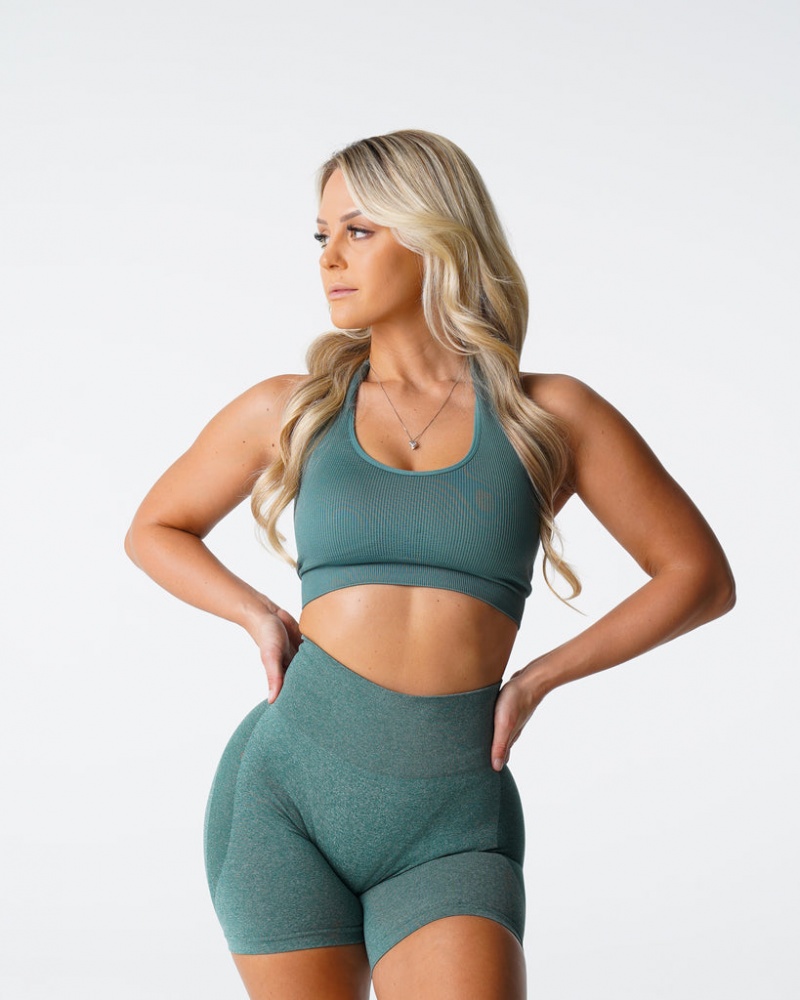 Women's NVGTN Limitless Ribbed Seamless Halter Sports Bras Green | QXOP-56891